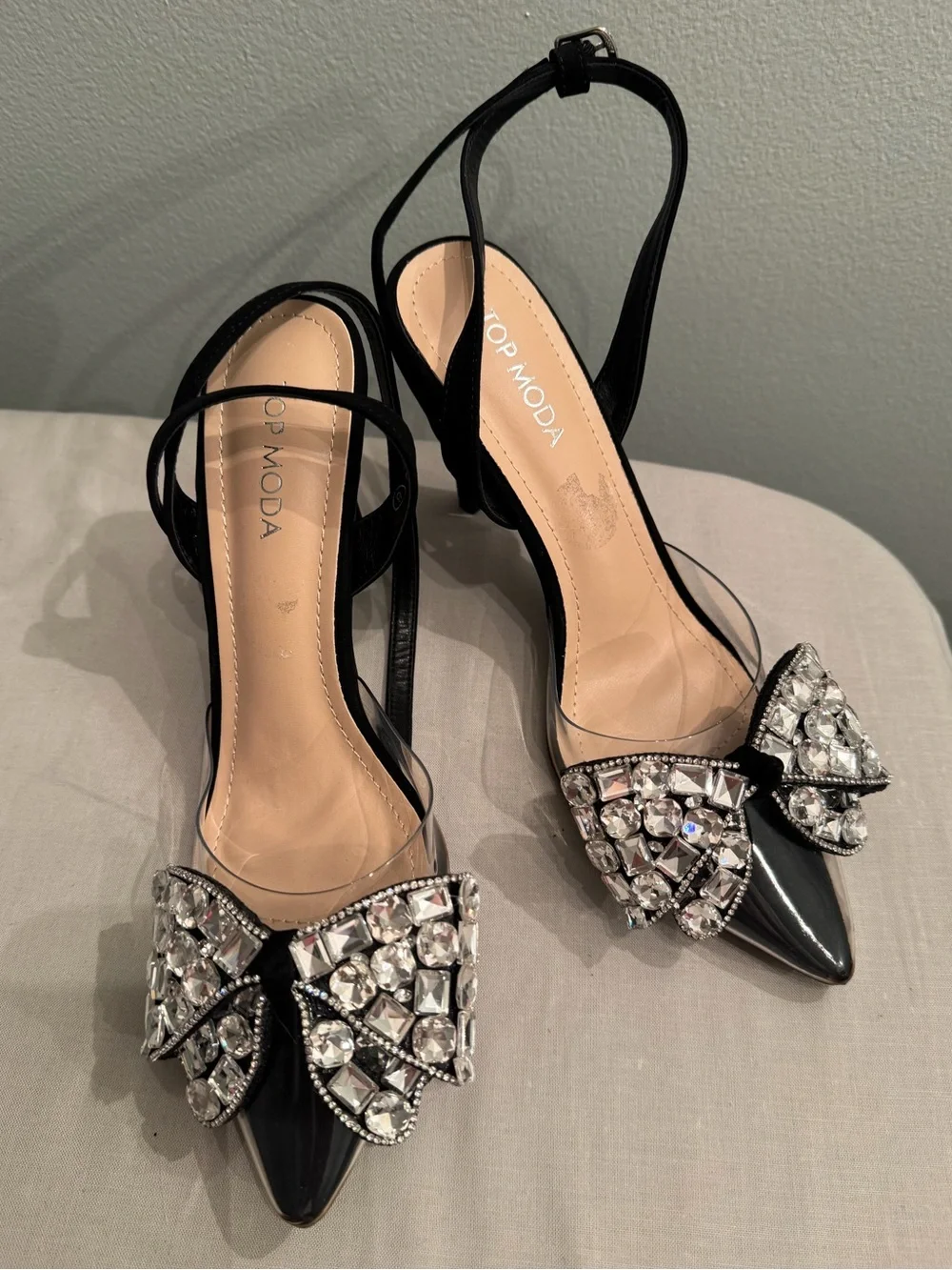 TOP Moda Black Pointed Slingback Heels with Crystal Bow